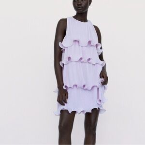 ZARA PLEATED RUFFLED DRESS Light lilac Size Large